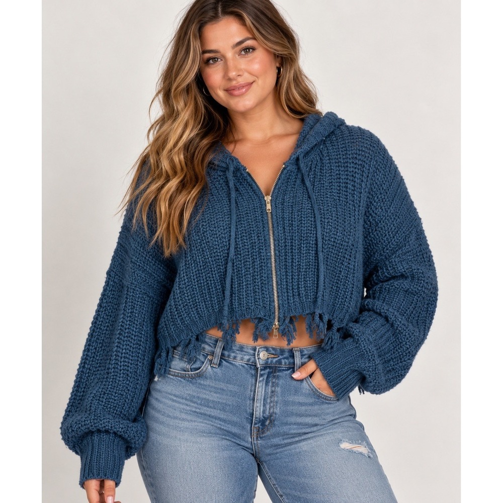 Zaful Women's Small Teal Blue Cropped Zip Up Distressed Hooded Sweater